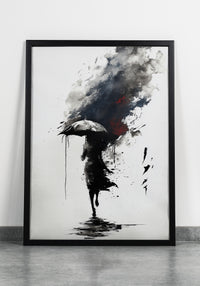 Abstract ink wash art print of a silhouetted woman walking with an umbrella amidst black ink splatters and a dark red storm cloud, created by Artazyn.