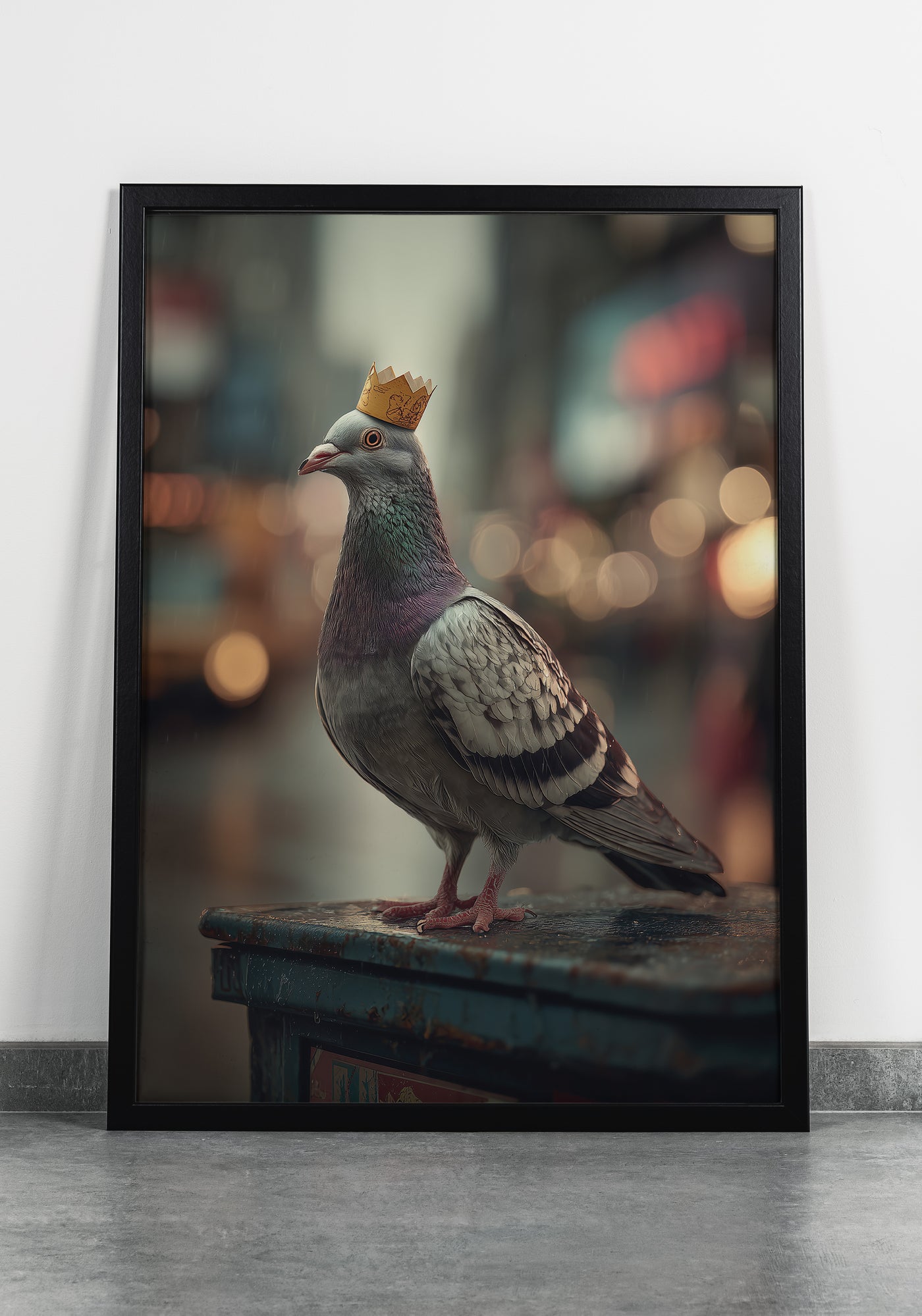 Realistic art print of a pigeon wearing a gold paper crown standing on a rusty metal bin with blurred city lights in the background, created by Artazyn.