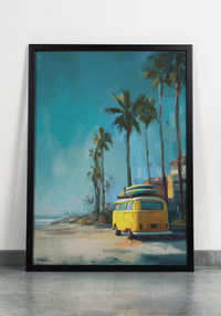 Painterly illustration of a sun-drenched California beach scene featuring tall palm trees, vintage VW-style buses in yellow and blue, and surfers walking toward a warm sunset.