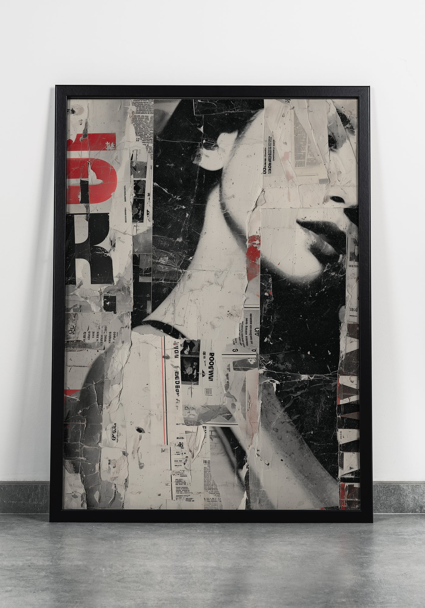 Grunge collage art print featuring a fragmented black and white woman's face layered with torn newspaper clippings and red typography, created by Artazyn.