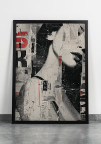 Grunge collage art print featuring a fragmented black and white woman's face layered with torn newspaper clippings and red typography, created by Artazyn.