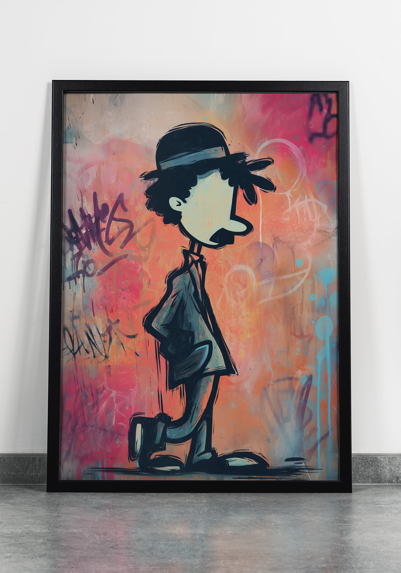 Modern street art illustration of Charlie Chaplin walking in profile against a colorful graffiti wall featuring pink, blue, and orange spray paint tags.