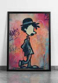 Modern street art illustration of Charlie Chaplin walking in profile against a colorful graffiti wall featuring pink, blue, and orange spray paint tags.