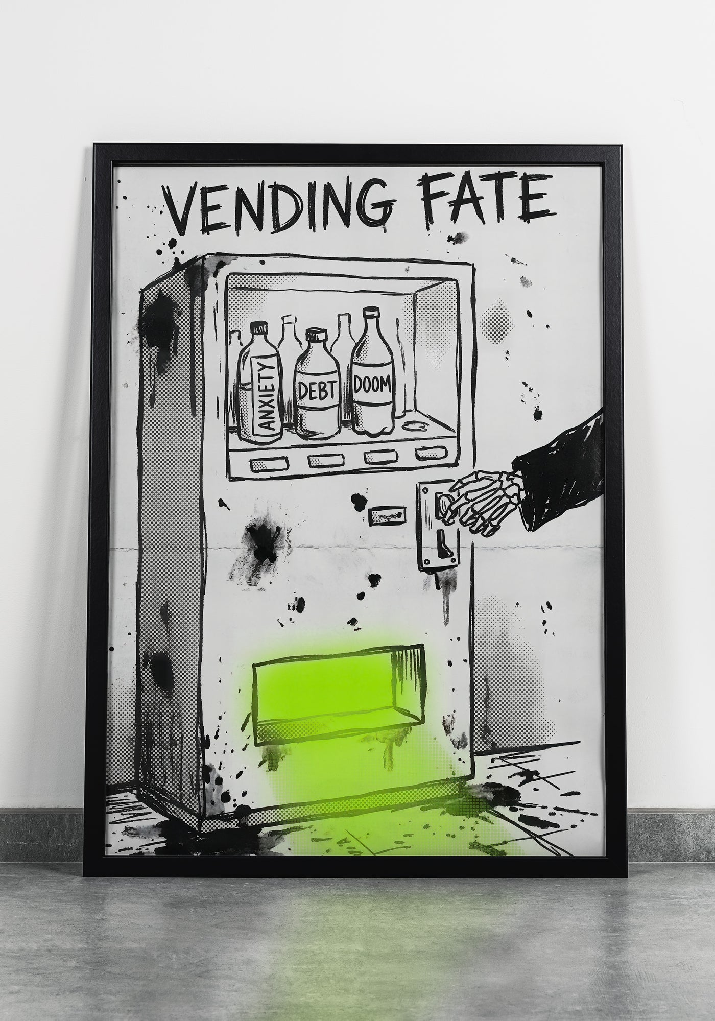Gritty sketch-style illustration of a vending machine labeled "VENDING FATE" stocked with bottles of Anxiety, Debt, and Doom, being operated by a skeleton hand, with a neon green glow coming from the dispensing slot.