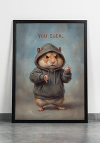 Oil painting style illustration of a cute hamster wearing a grey hoodie, giving a thumbs down with one hand and a middle finger with the other, under the text "YOU SUCK."