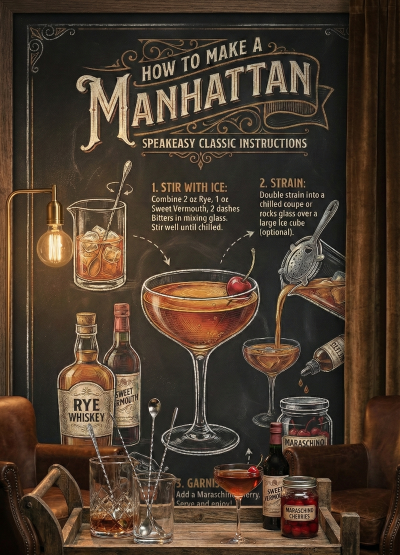 Vintage chalkboard-style infographic illustration titled "How to Make a Manhattan" featuring detailed drawings of rye whiskey, sweet vermouth, a mixing glass, and a finished cocktail with a cherry garnish, labeled "Speakeasy Classic Instructions".