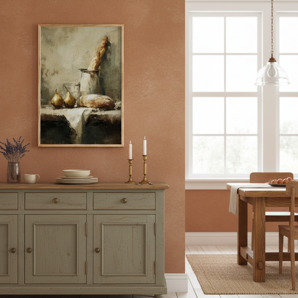 Oil painting style still life illustration featuring a baguette standing in a pitcher, a loaf of bread, and two pears on a rustic white table.