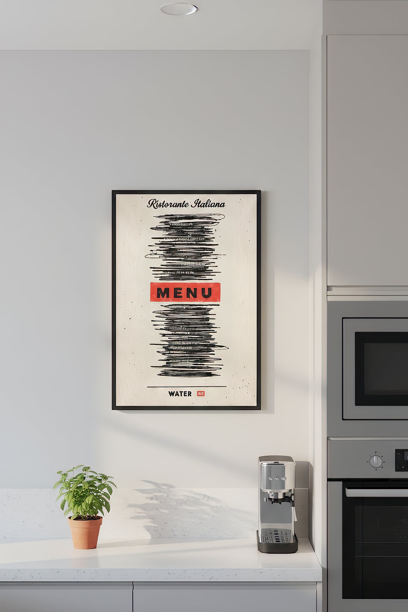 Minimalist humorous art print of an Italian restaurant menu with all items scribbled out in black marker except for "MENU" in red and "WATER GF" at the bottom, created by Artazyn.