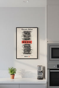 Minimalist humorous art print of an Italian restaurant menu with all items scribbled out in black marker except for "MENU" in red and "WATER GF" at the bottom, created by Artazyn.