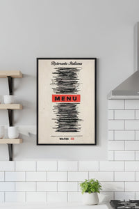 Minimalist humorous art print of an Italian restaurant menu with all items scribbled out in black marker except for "MENU" in red and "WATER GF" at the bottom, created by Artazyn.