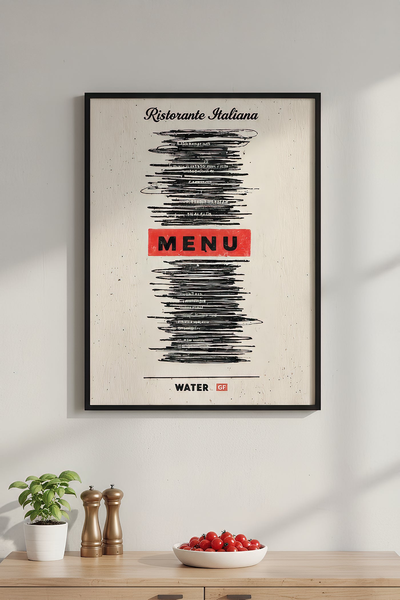 Minimalist humorous art print of an Italian restaurant menu with all items scribbled out in black marker except for "MENU" in red and "WATER GF" at the bottom, created by Artazyn.