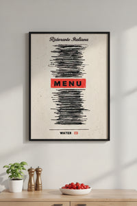 Minimalist humorous art print of an Italian restaurant menu with all items scribbled out in black marker except for "MENU" in red and "WATER GF" at the bottom, created by Artazyn.