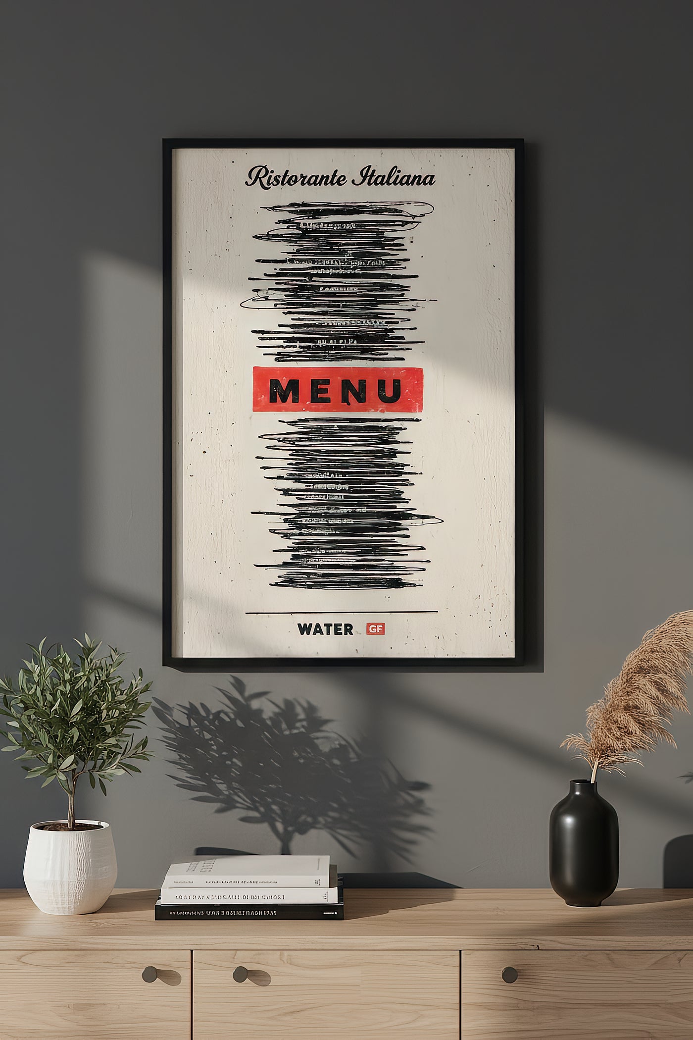 Minimalist humorous art print of an Italian restaurant menu with all items scribbled out in black marker except for "MENU" in red and "WATER GF" at the bottom, created by Artazyn.