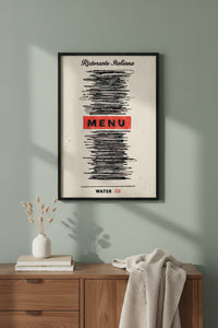 Minimalist humorous art print of an Italian restaurant menu with all items scribbled out in black marker except for "MENU" in red and "WATER GF" at the bottom, created by Artazyn.