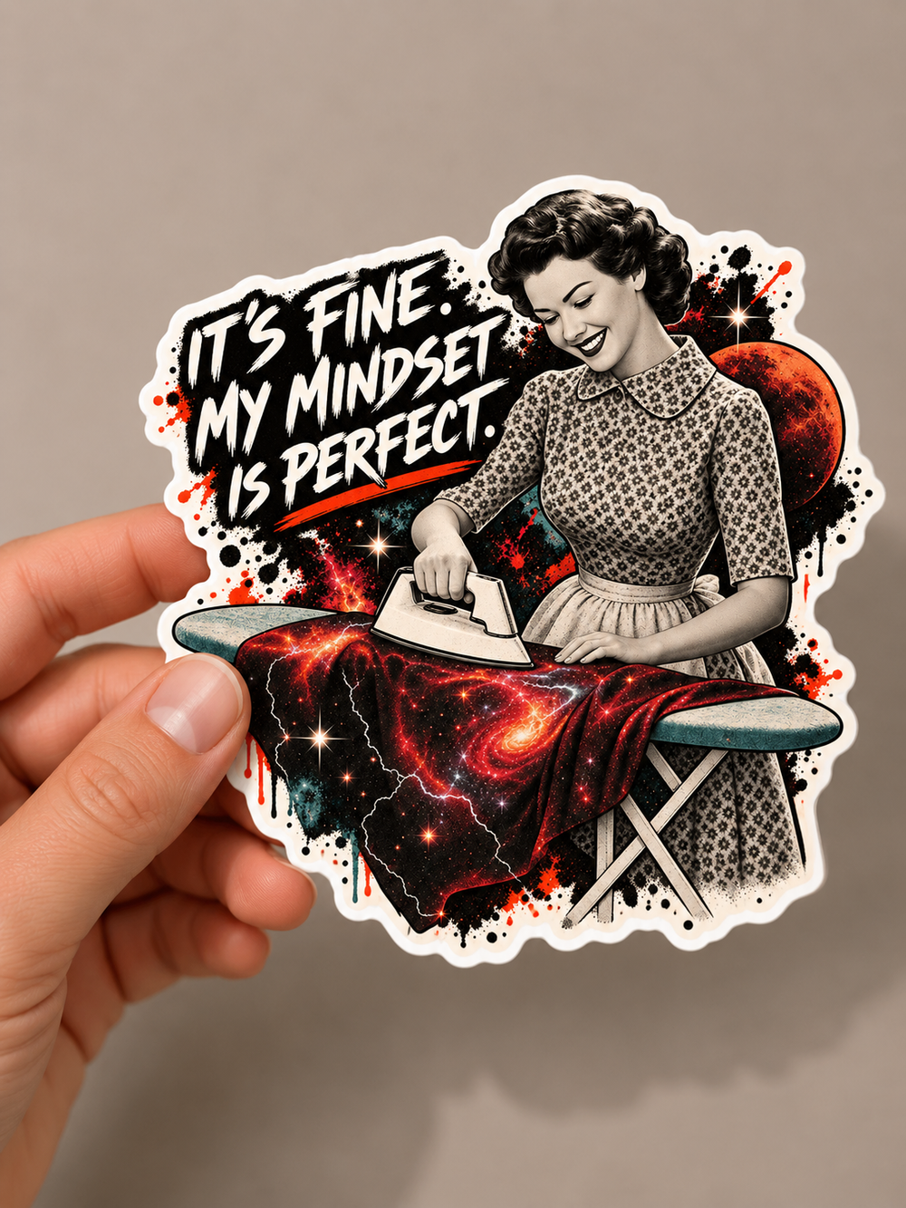 My Mindset Is Perfect Sticker – Retro Housewife Cosmic Humor Sticker