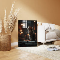 Painting of a scruffy grey cat wearing a cardboard crown sitting in the rain with a slice of pepperoni pizza.