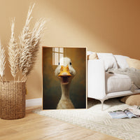 Close-up painting of a white duck with an open orange beak looking directly at the viewer, funny animal portrait.
