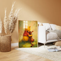 An impressionistic oil-painting style illustration of a yellow bear and an orange tiger sitting side-by-side on green grass, viewed from behind, looking into a soft hazy distance.