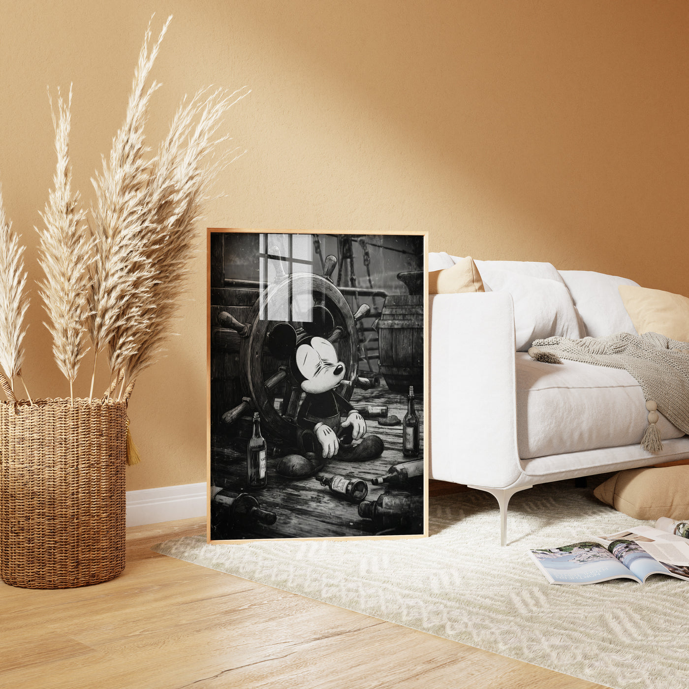 Poster of a ship's wheel in a room with a white sofa and decorative elements.