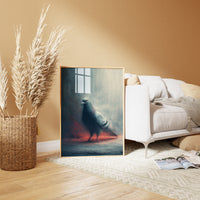 Grainy flash-photography style portrait of a pigeon with blue and red lighting, gritty urban wall art.