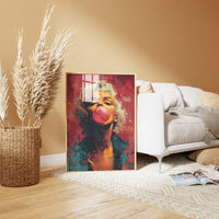 Stylized street art portrait of Marilyn Monroe blowing a pink bubblegum bubble, graffiti style wall art.