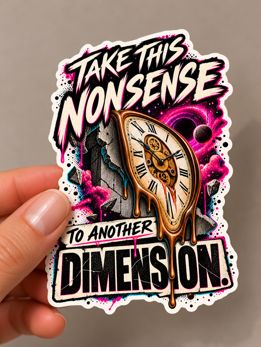 Take This Nonsense to Another Dimension Sticker – Melting Clock Die-Cut Sticker