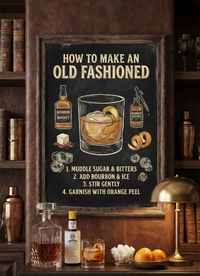 Vintage chalkboard-style infographic illustration titled "How to Make an Old Fashioned" featuring drawings of bourbon whiskey, aromatic bitters, sugar cubes, and a glass with a large ice cube and orange peel garnish.