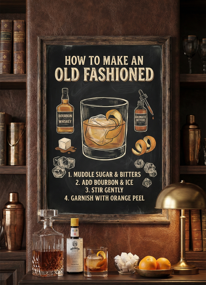 Vintage chalkboard-style infographic illustration titled "How to Make an Old Fashioned" featuring drawings of bourbon whiskey, aromatic bitters, sugar cubes, and a glass with a large ice cube and orange peel garnish.