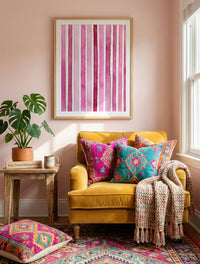 Minimalist art print featuring vertical watercolor stripes in various shades of pink and magenta on a white background, created by Artazyn.