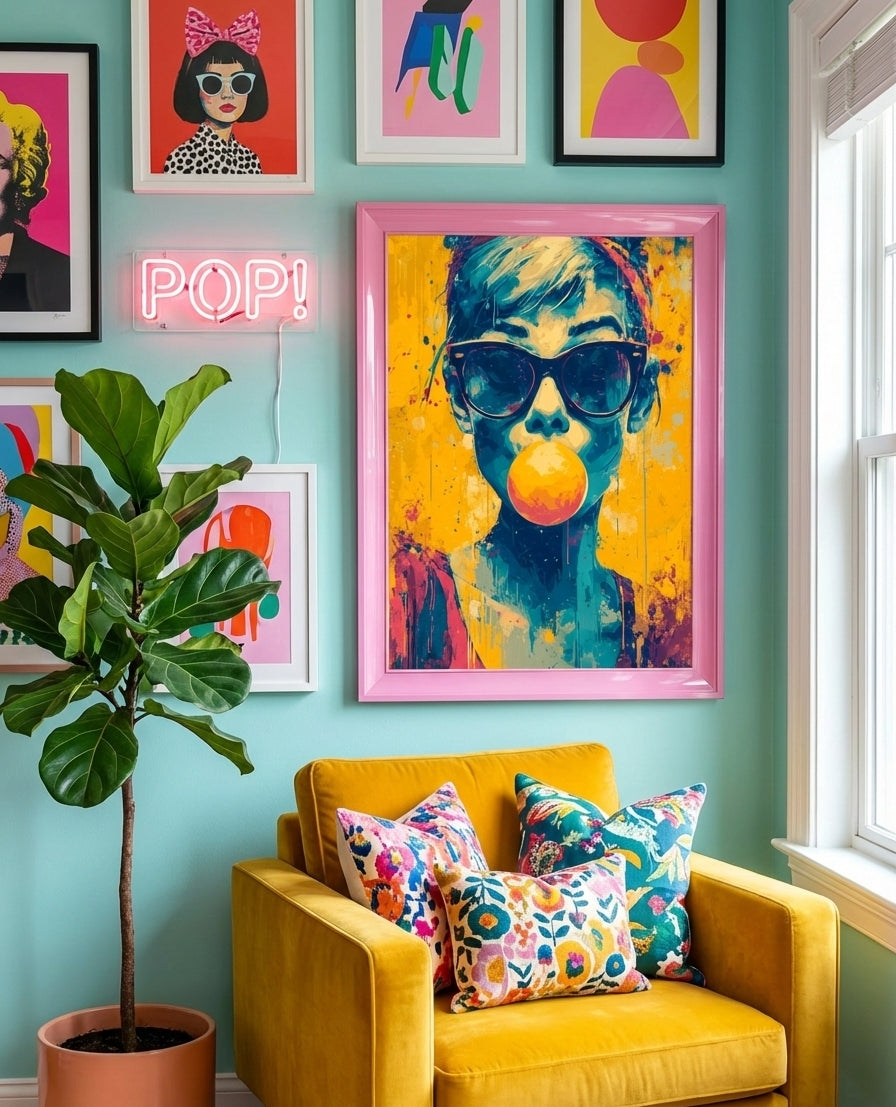 Vibrant pop art portrait of a person blowing a pink bubblegum bubble while wearing sunglasses, yellow and blue paint splatter style.