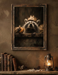 Realistic painting of a raccoon wearing a cardboard crown holding a cheeseburger, funny animal wall art in sepia tones.