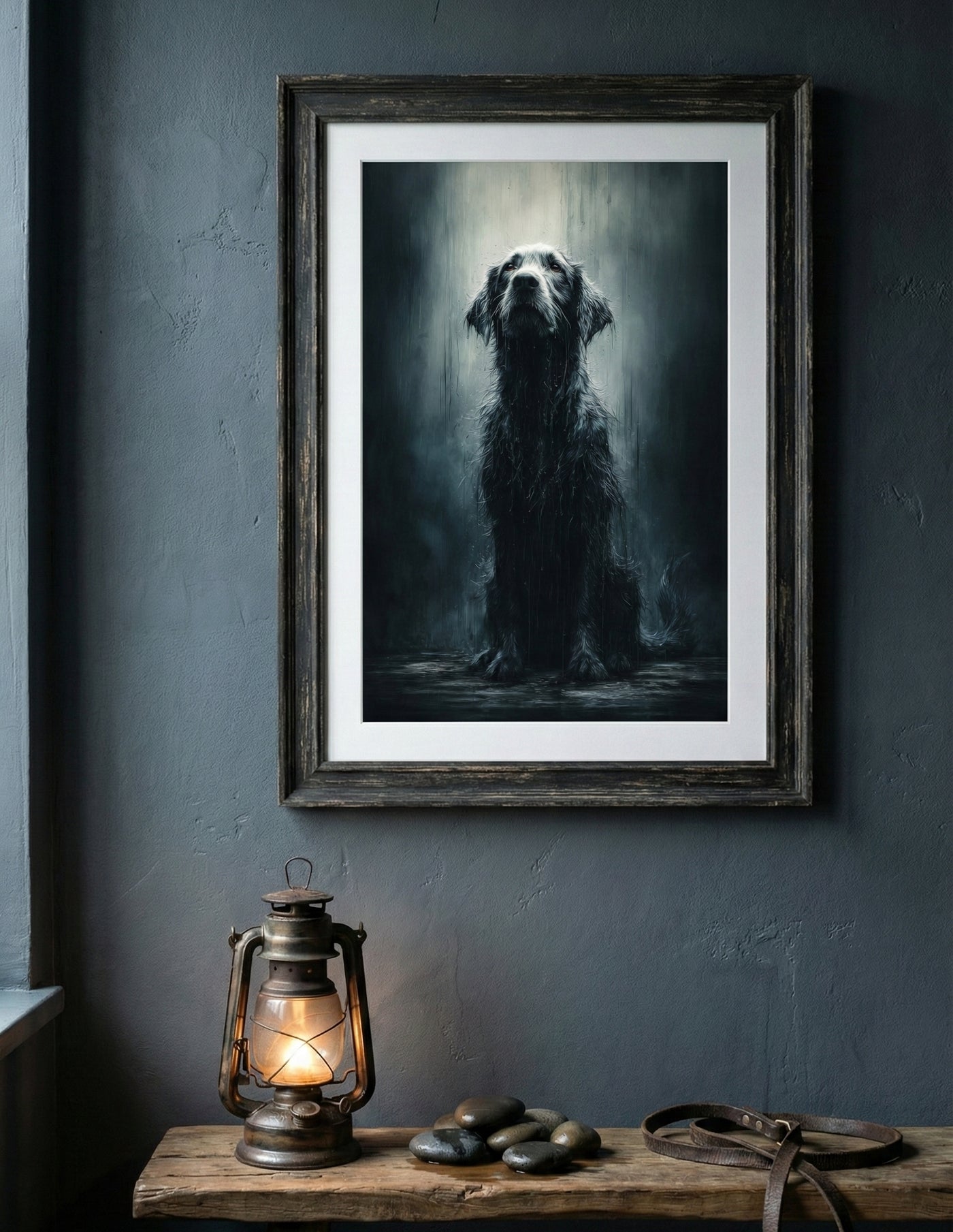 Photorealistic portrait of a soaking wet black dog sitting in the rain looking up, moody animal wall art.