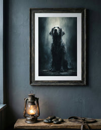 Photorealistic portrait of a soaking wet black dog sitting in the rain looking up, moody animal wall art.