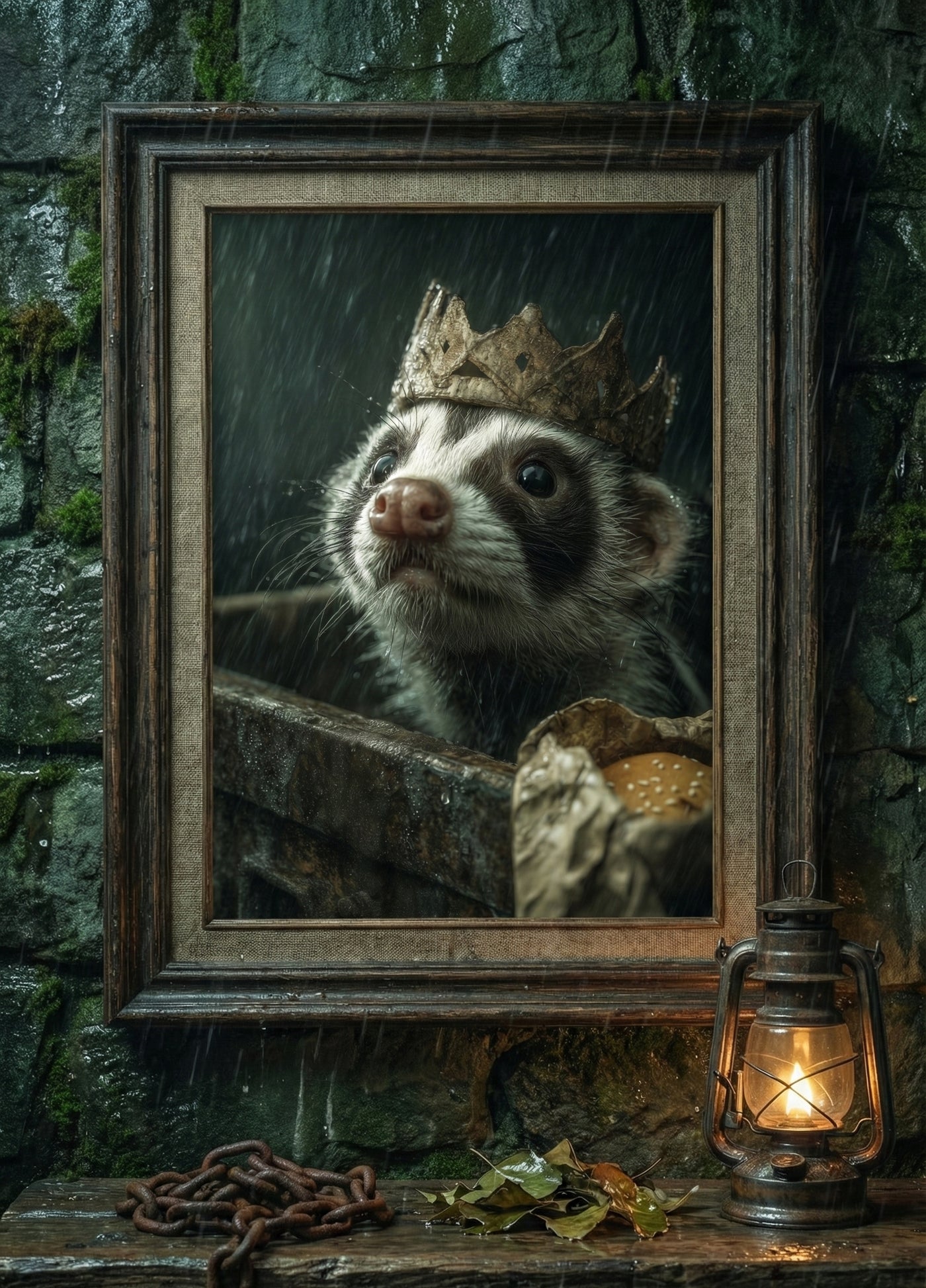 Close-up painting of a wet skunk wearing a cardboard crown emerging from a dumpster in the rain, moody funny animal art.