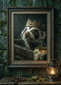 Close-up painting of a wet skunk wearing a cardboard crown emerging from a dumpster in the rain, moody funny animal art.