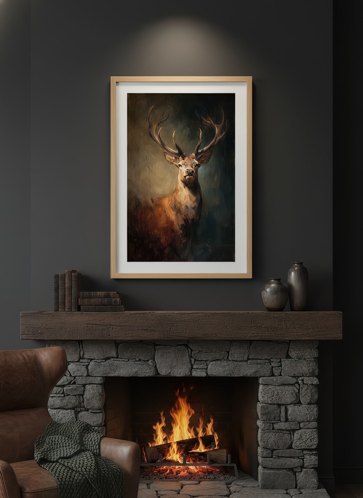 Moody oil painting style art print of a majestic stag with large antlers emerging from dark forest shadows, created by Artazyn.