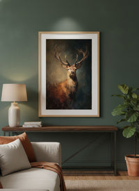Moody oil painting style art print of a majestic stag with large antlers emerging from dark forest shadows, created by Artazyn.