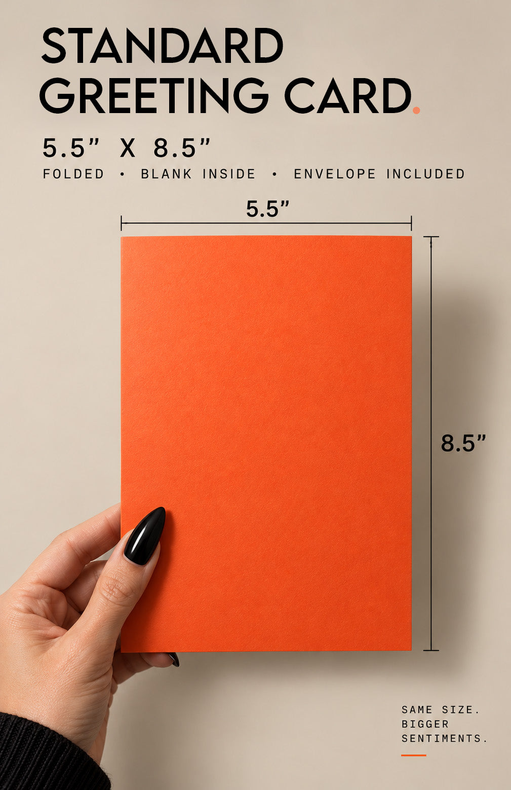 An orange greeting card held by a hand with black nail polish, shown against a beige background with printed text indicating dimensions: 5.5 x 8.
