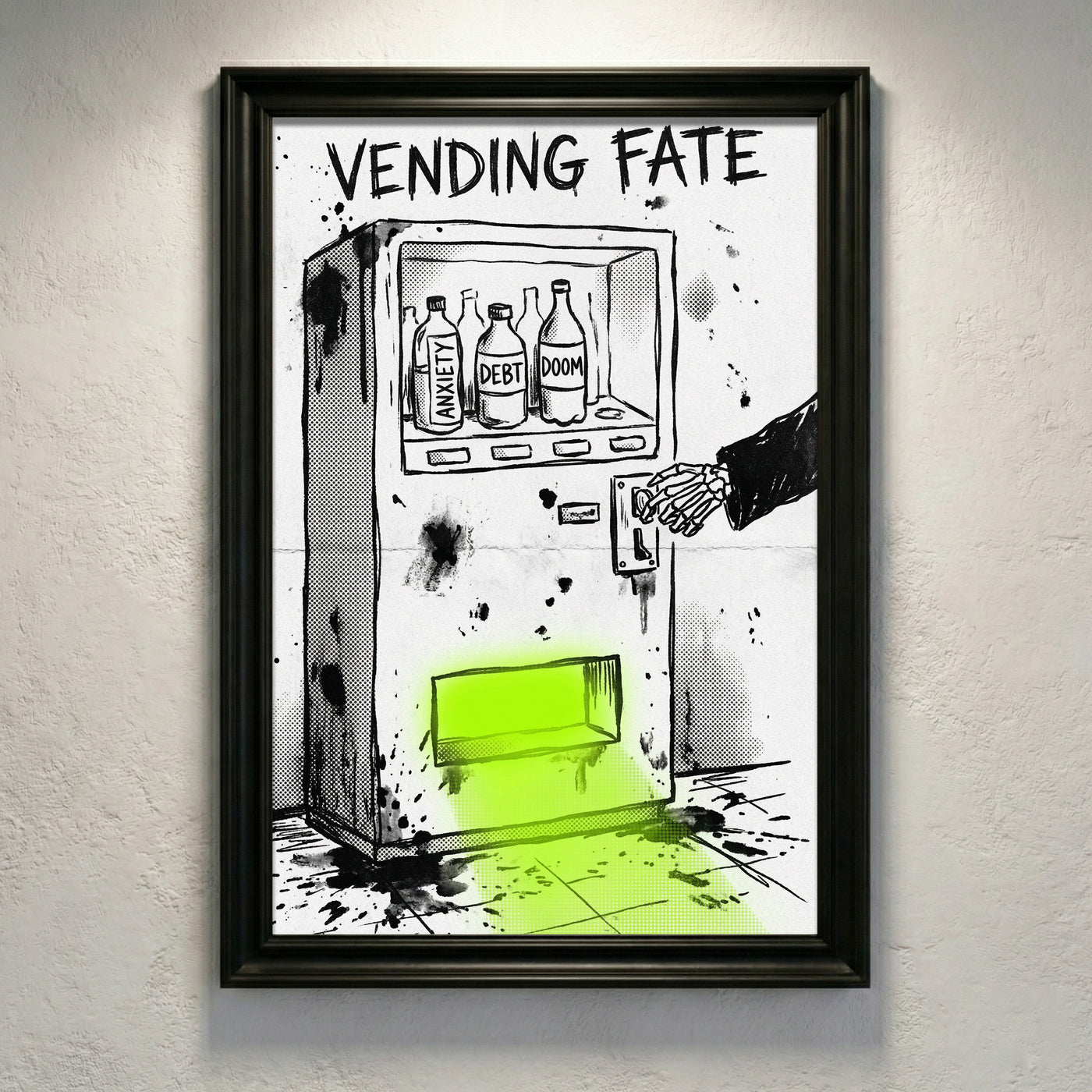Gritty sketch-style illustration of a vending machine labeled "VENDING FATE" stocked with bottles of Anxiety, Debt, and Doom, being operated by a skeleton hand, with a neon green glow coming from the dispensing slot.
