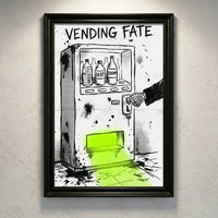 Gritty sketch-style illustration of a vending machine labeled "VENDING FATE" stocked with bottles of Anxiety, Debt, and Doom, being operated by a skeleton hand, with a neon green glow coming from the dispensing slot.