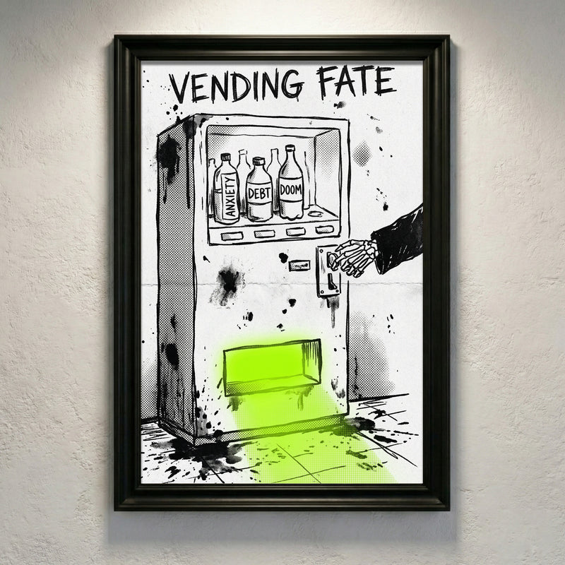 Gritty sketch-style illustration of a vending machine labeled "VENDING FATE" stocked with bottles of Anxiety, Debt, and Doom, being operated by a skeleton hand, with a neon green glow coming from the dispensing slot.