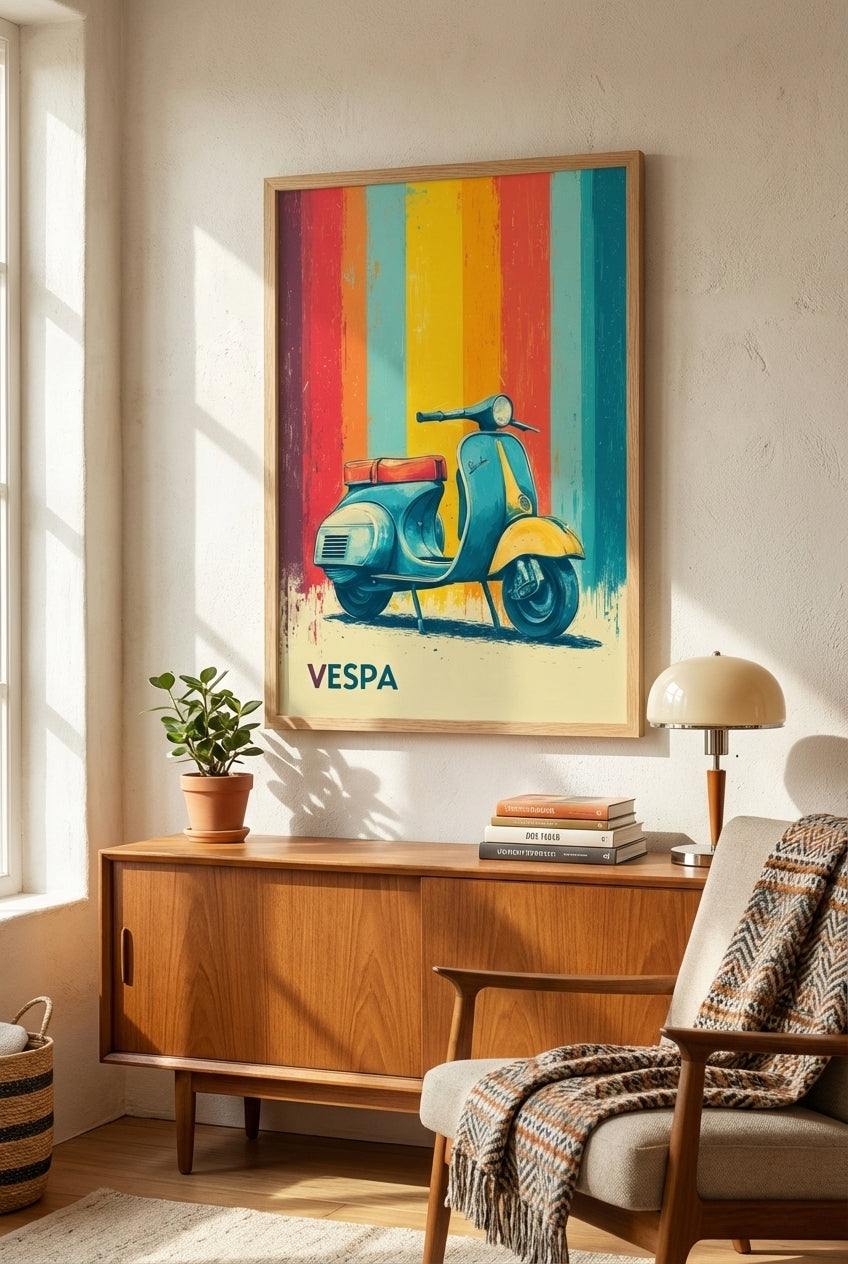 Distressed vintage-style poster illustration of a classic teal and yellow scooter parked in front of colorful retro vertical stripes in red, orange, and blue.