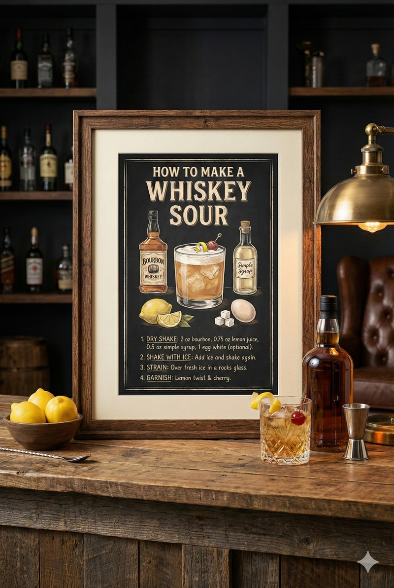 Vintage chalkboard-style infographic illustration titled "How to Make a Whiskey Sour" featuring drawings of bourbon whiskey, simple syrup, a lemon, an egg, and the finished cocktail with a cherry garnish and foam top.