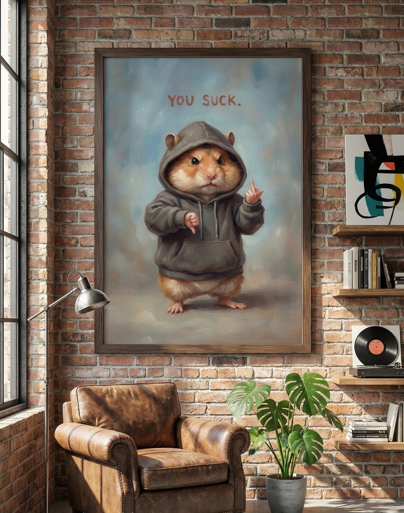 Oil painting style illustration of a cute hamster wearing a grey hoodie, giving a thumbs down with one hand and a middle finger with the other, under the text "YOU SUCK."