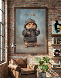 Oil painting style illustration of a cute hamster wearing a grey hoodie, giving a thumbs down with one hand and a middle finger with the other, under the text "YOU SUCK."